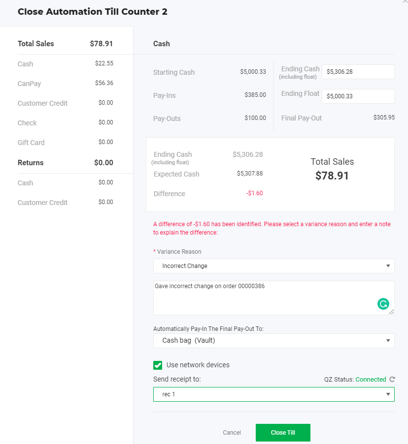 Screenshot of the "Close Automation Till Counter 2" dialog in Flourish Web, showing sales breakdown by payment type, cash details (Starting Cash, Pay-Ins, Pay-Outs, Ending Cash,…