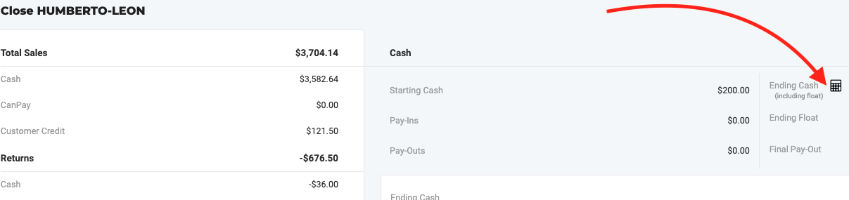 Screenshot of the "Close Till" form in Flourish Web, showing sales and cash breakdown fields (Total Sales, Cash, CanPay, Customer Credit, Returns) alongside cash summary fields…