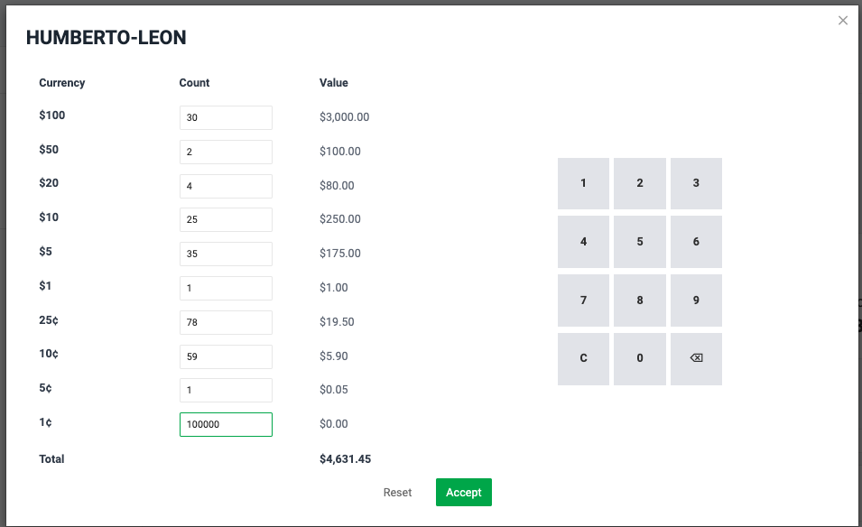 Screenshot of the cash calculator dialog in Flourish Web, used when closing a till named "HUMBERTO-LEON." It lists denominations from $100 bills down to pennies with editable count…