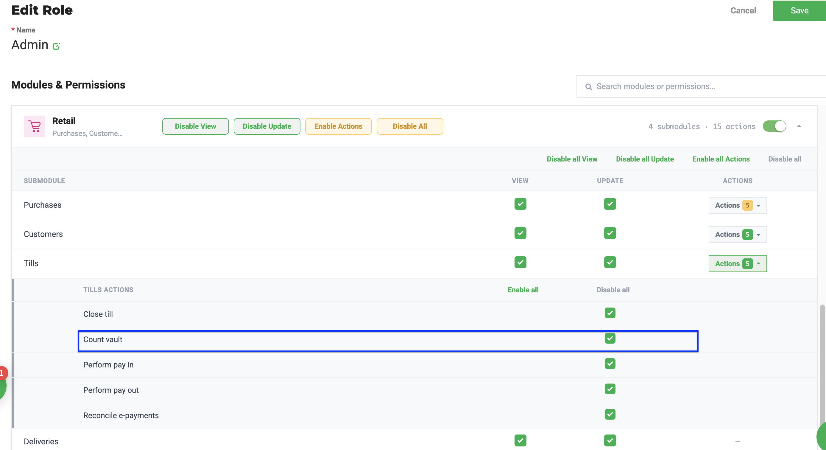 Screenshot of the Edit Role page in Flourish Web, showing the Retail module's Tills submodule expanded to list its actions (Close till, Count vault, Perform pay in, Perform pay…