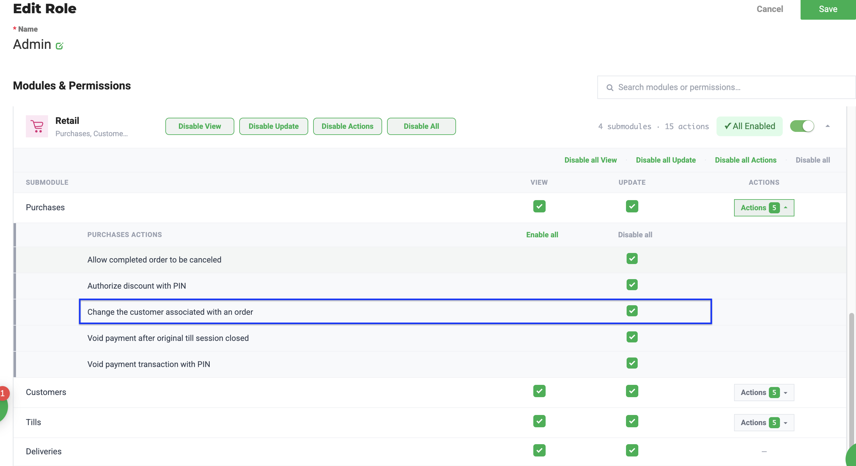 Screenshot of the Flourish Web "Edit Role" page showing the Retail module's Purchases submodule with its Actions list expanded; the "Change the customer associated with an order"…