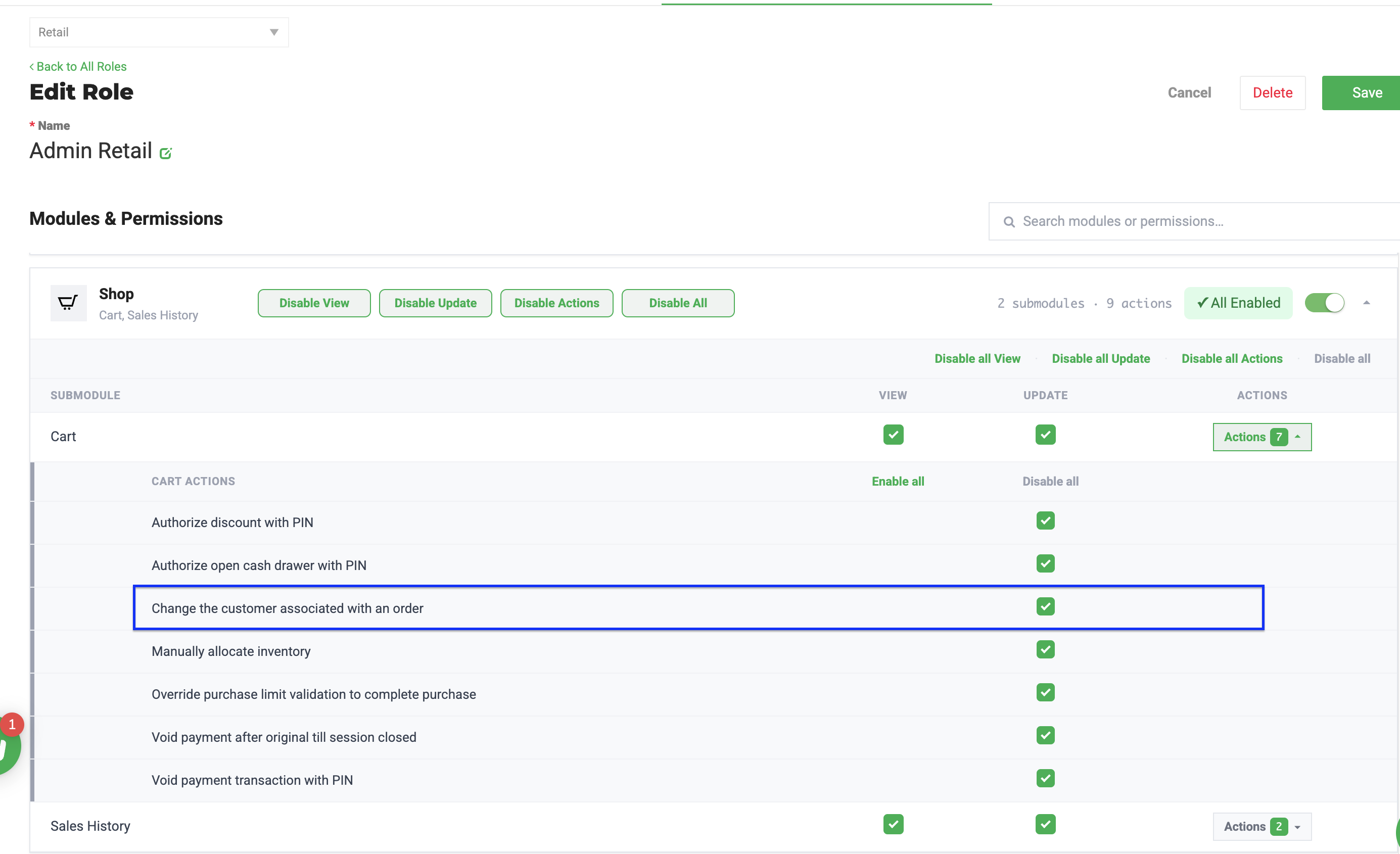 Screenshot of the Edit Role page in Retail POS User Roles settings, showing the Shop module's Cart submodule with its list of Actions permissions; the "Change the customer…