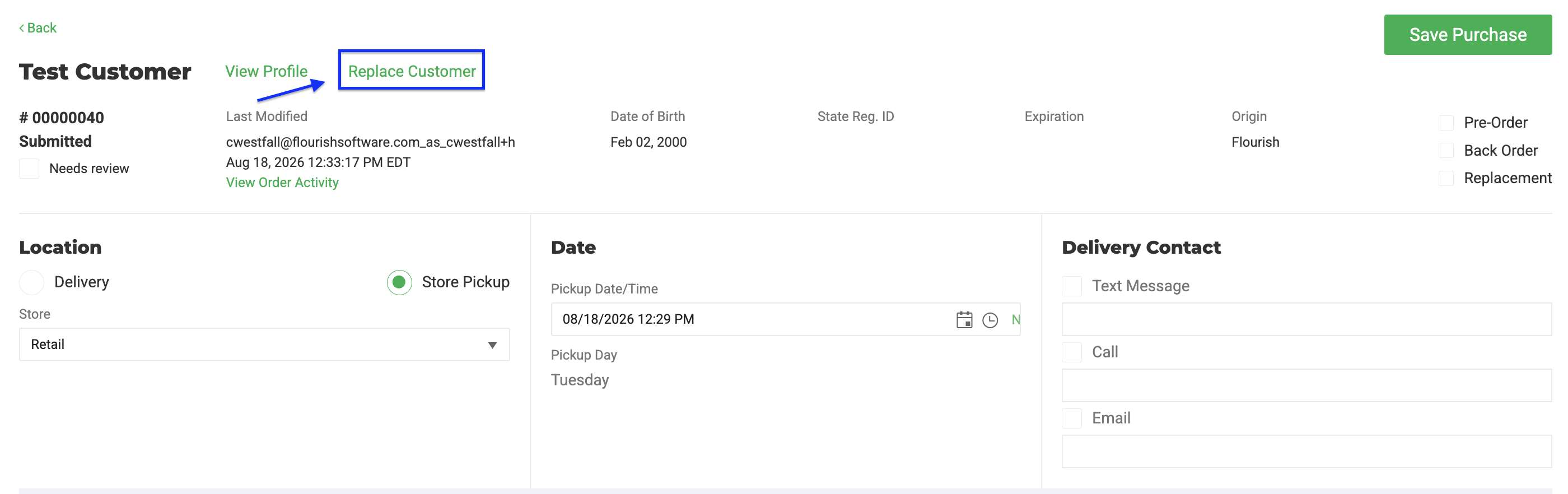 Screenshot of a Flourish Web retail purchase detail page for a "Submitted" order, with the "Replace Customer" link highlighted next to "View Profile" near the customer name,…