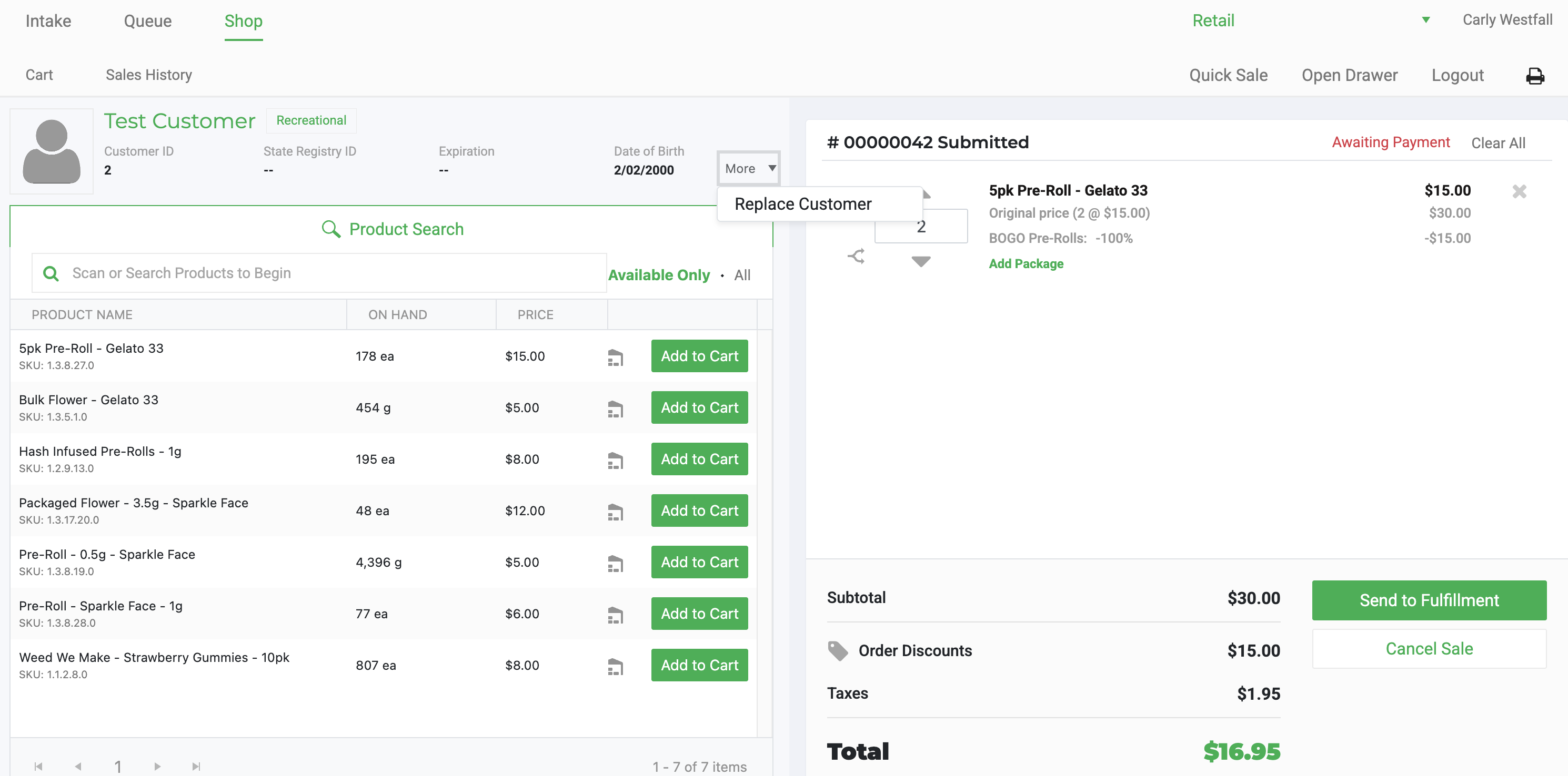 Screenshot of the Retail POS Shop/Cart screen showing an open order (#00000042, Submitted) for "Test Customer," with the "More" dropdown menu open and the "Replace Customer" option…