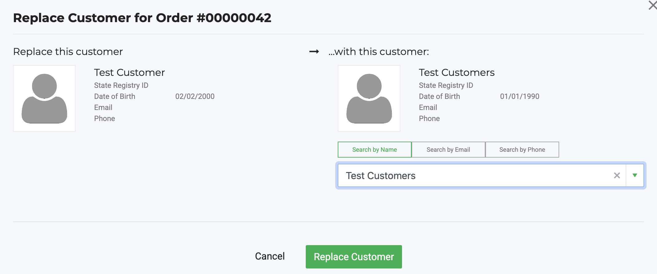 The "Replace Customer for Order #00000042" dialog in Flourish Web, showing a side-by-side comparison of the current customer profile (left) and the searched replacement customer…