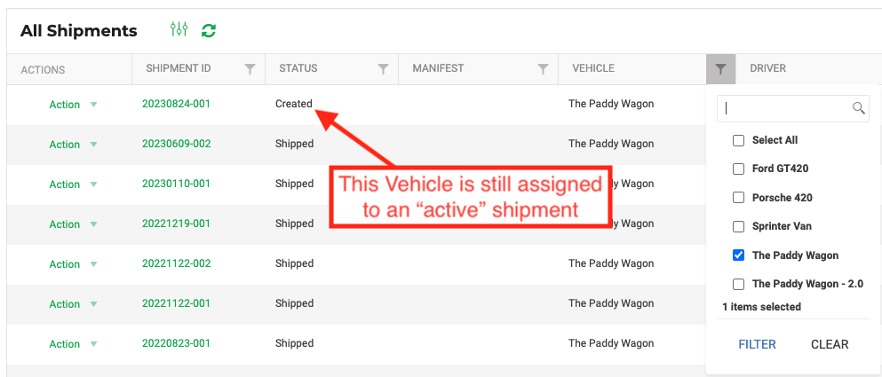 Filtering for a Vehicle on the All Shipments grid to find active shipments