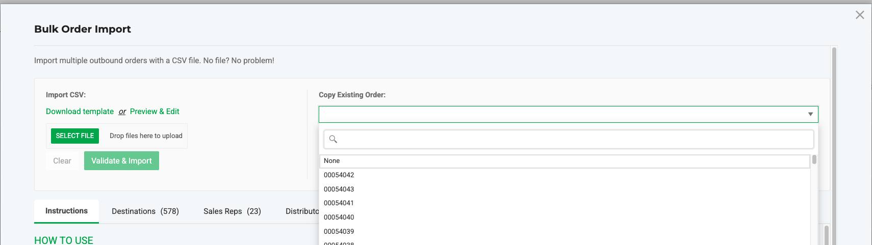 Copy Existing Order dropdown