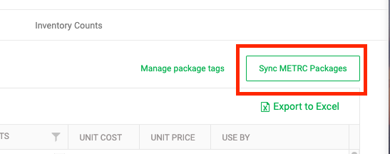 clicking 'Sync METRC Packages' to initiate reverse sync for all inventory