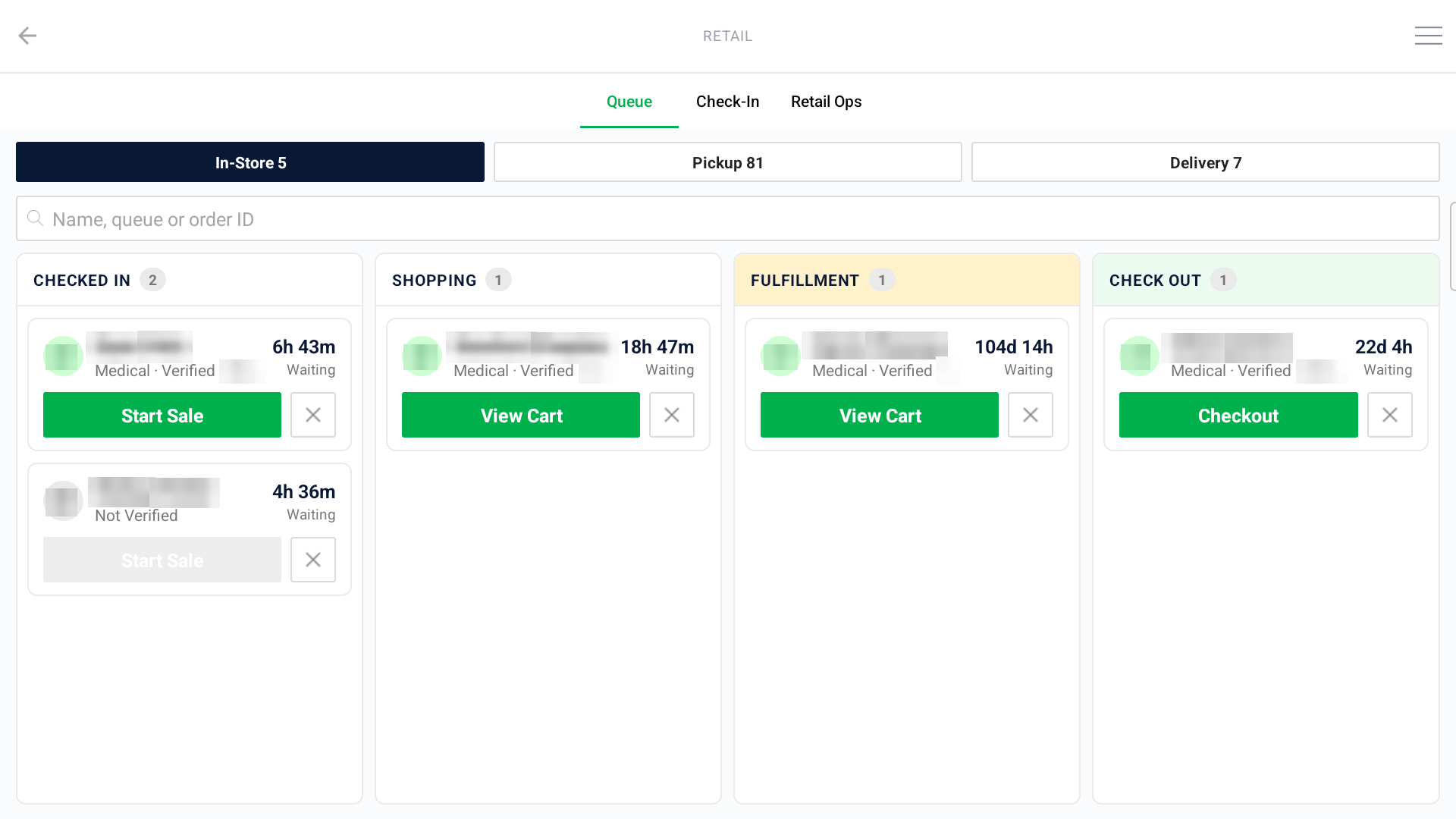 The In-Store board on the Retail Queue, with Checked In, Shopping, Fulfillment, and Check Out lanes