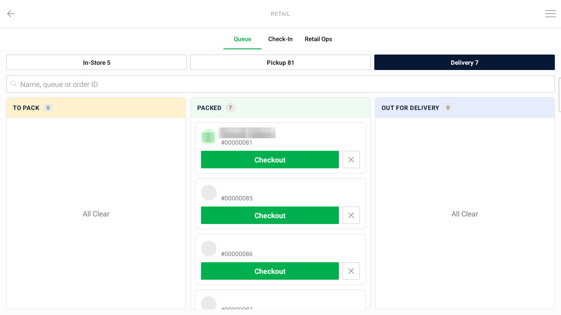 The Delivery board on the Retail Queue, with To Pack, Packed, and Out For Delivery lanes