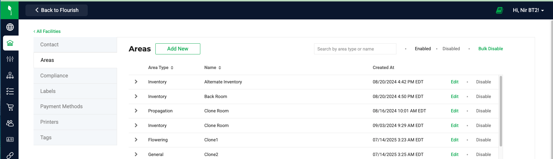 Select the Areas tab from the side Menu.