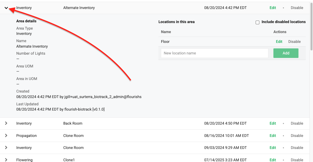 Click the expand arrow on the left side of a row to view additional details for that area