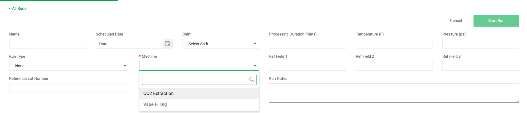 Select your machine and run type for the manufacturing run.