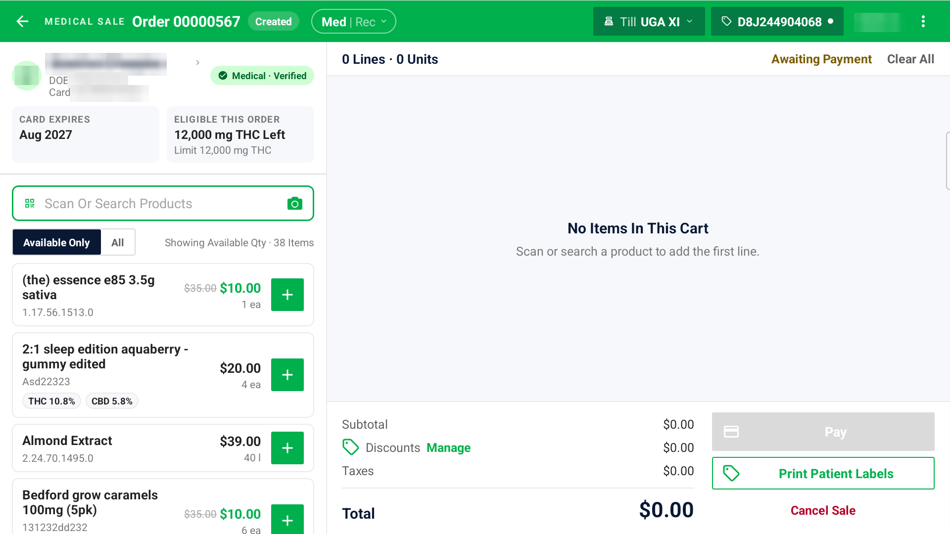 An open Mobile POS cart on a tablet, with the customer panel, the eligible amount, the product search, and the order summary