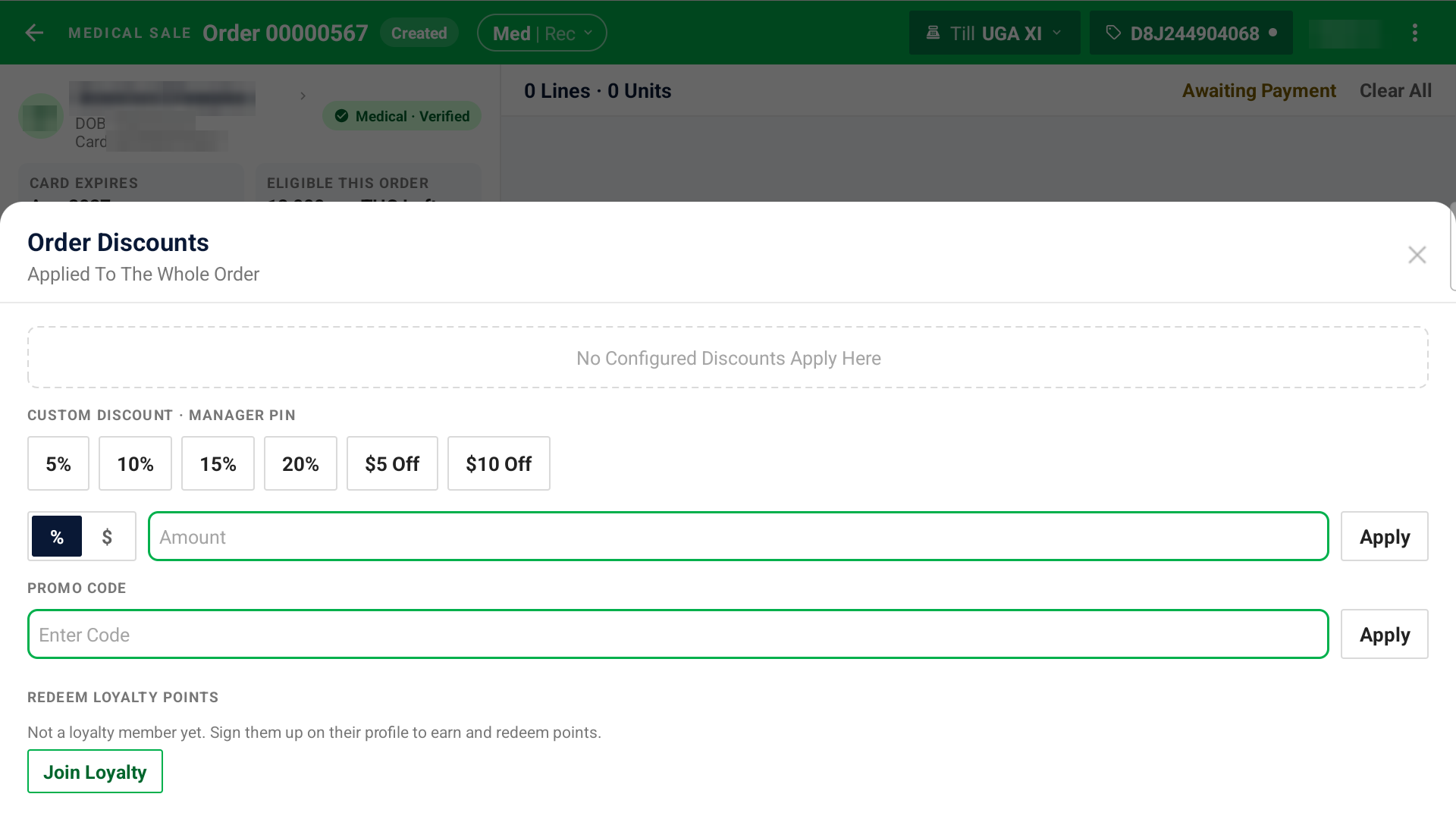 The Order Discounts sheet, with custom discount presets, a promo code field, and Redeem Loyalty Points