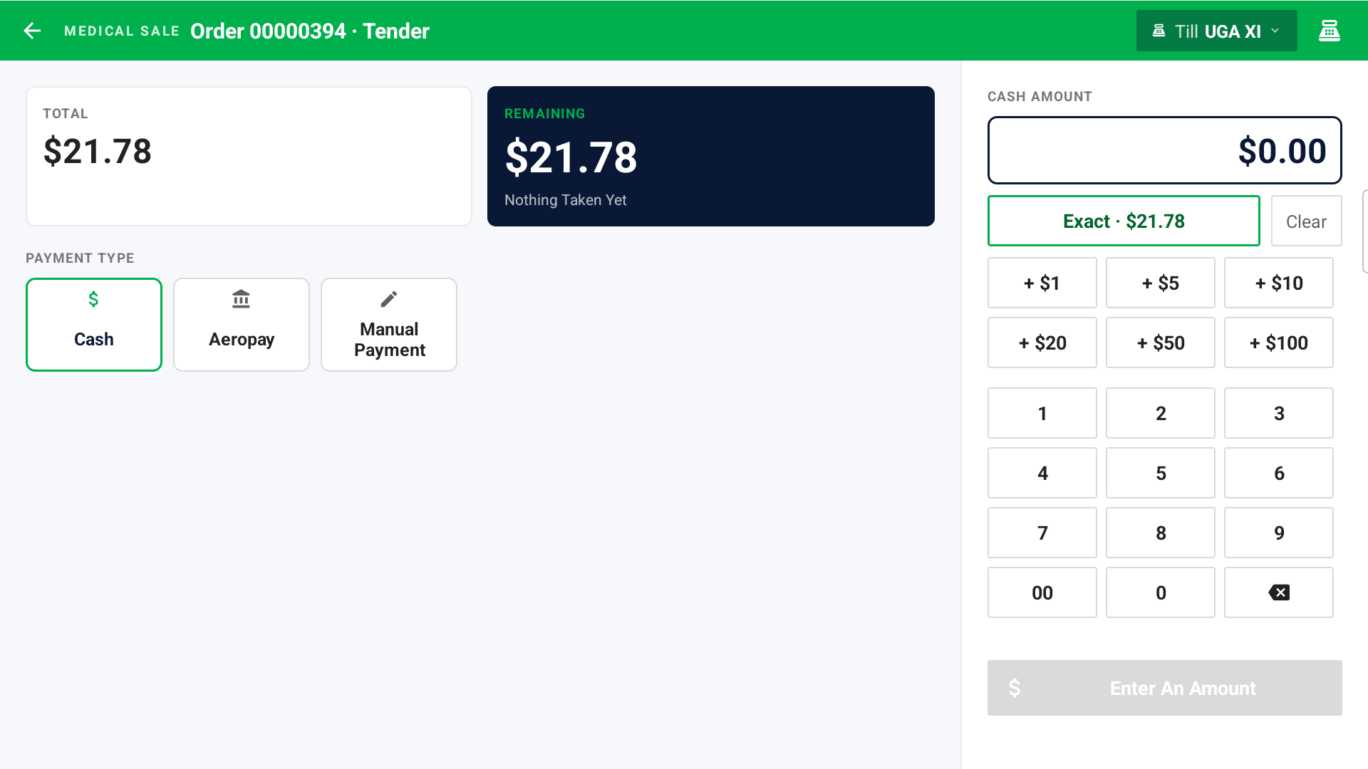 The Mobile POS payment screen, with the till chip, the total and remaining amounts, payment type tiles, and the amount keypad