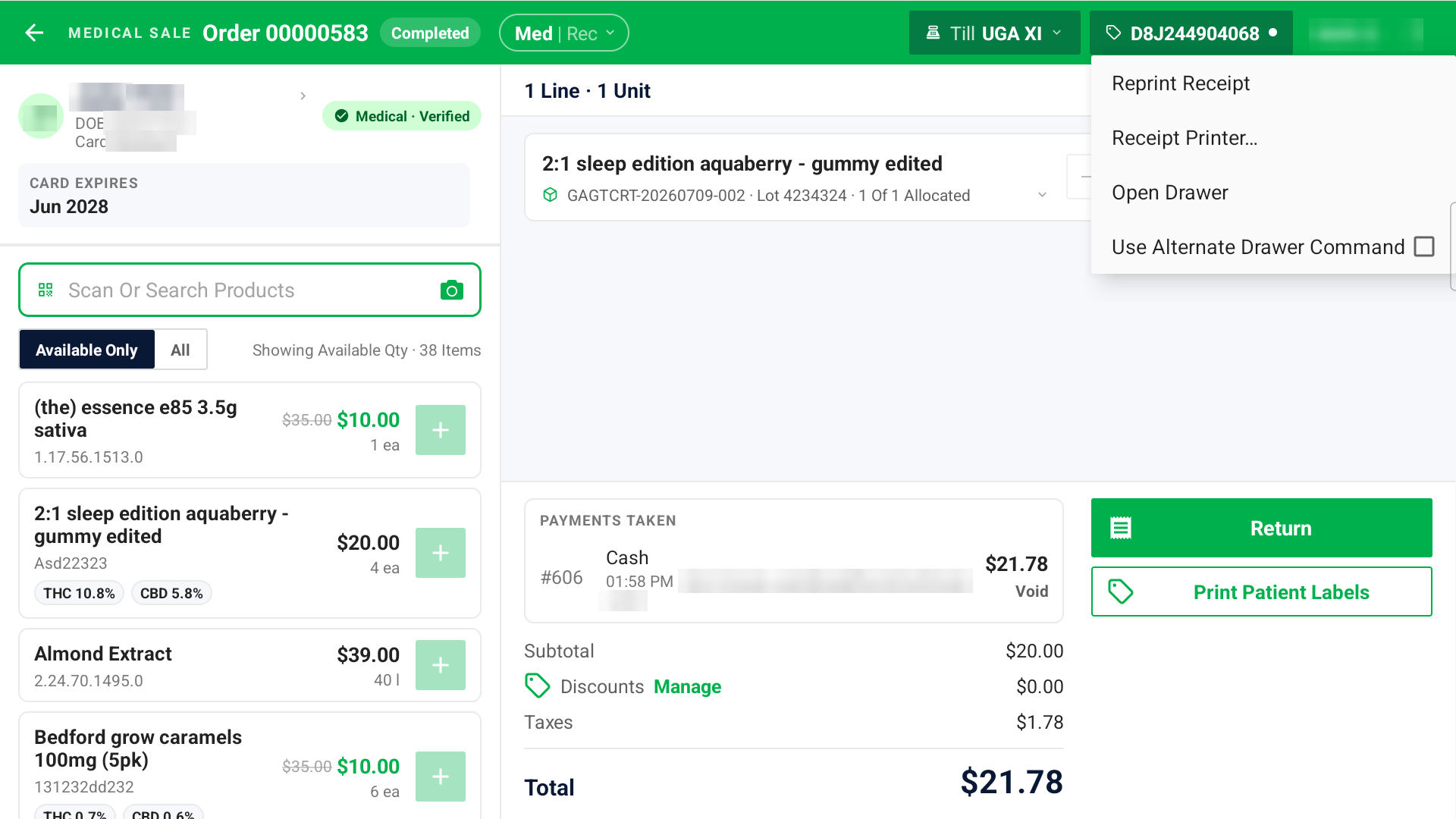 The cart menu, with Reprint Receipt, Receipt Printer, Open Drawer, and Use Alternate Drawer Command