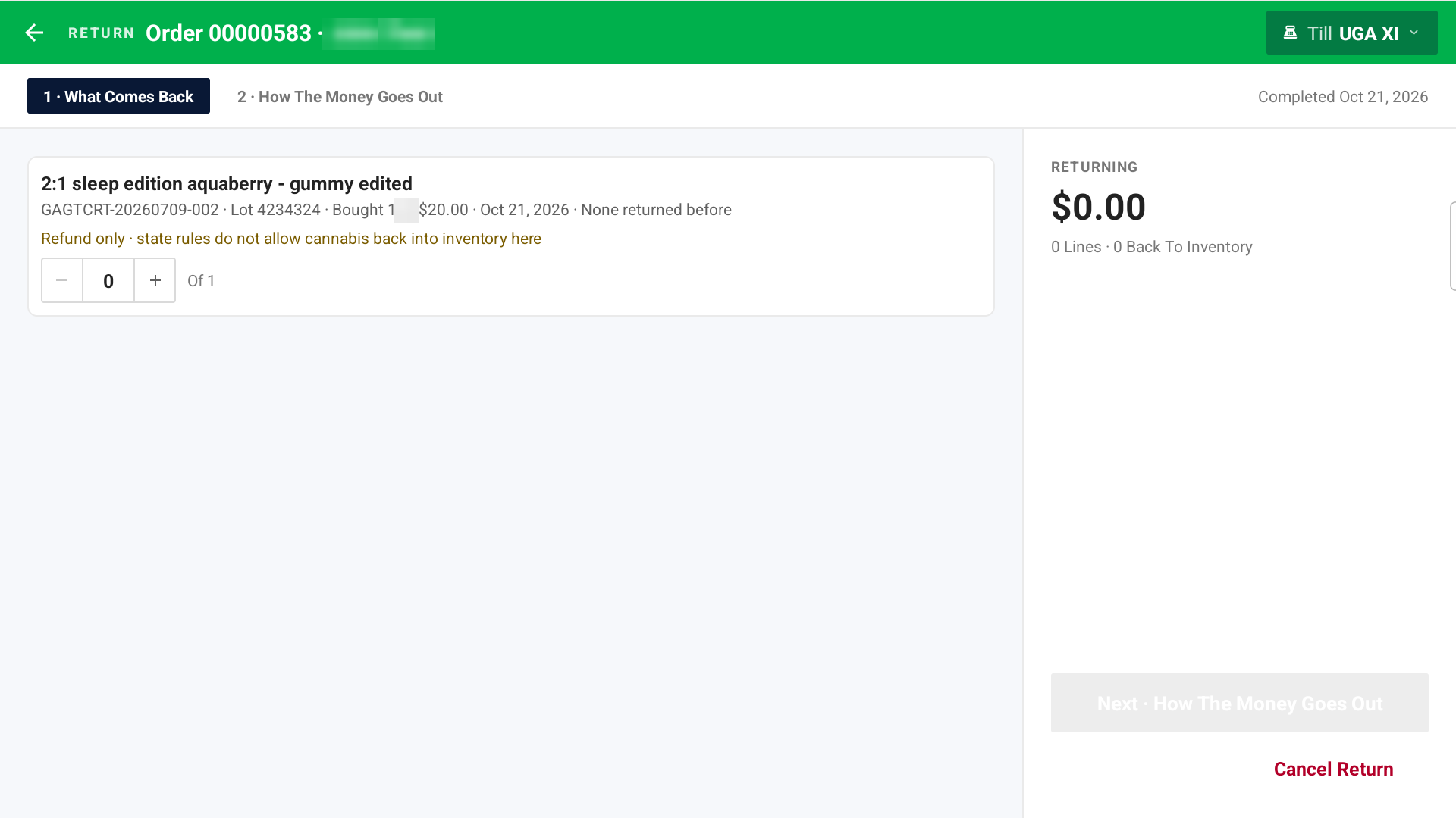 Step 1 of a return, What Comes Back, with the return quantity for each line and the Returning total