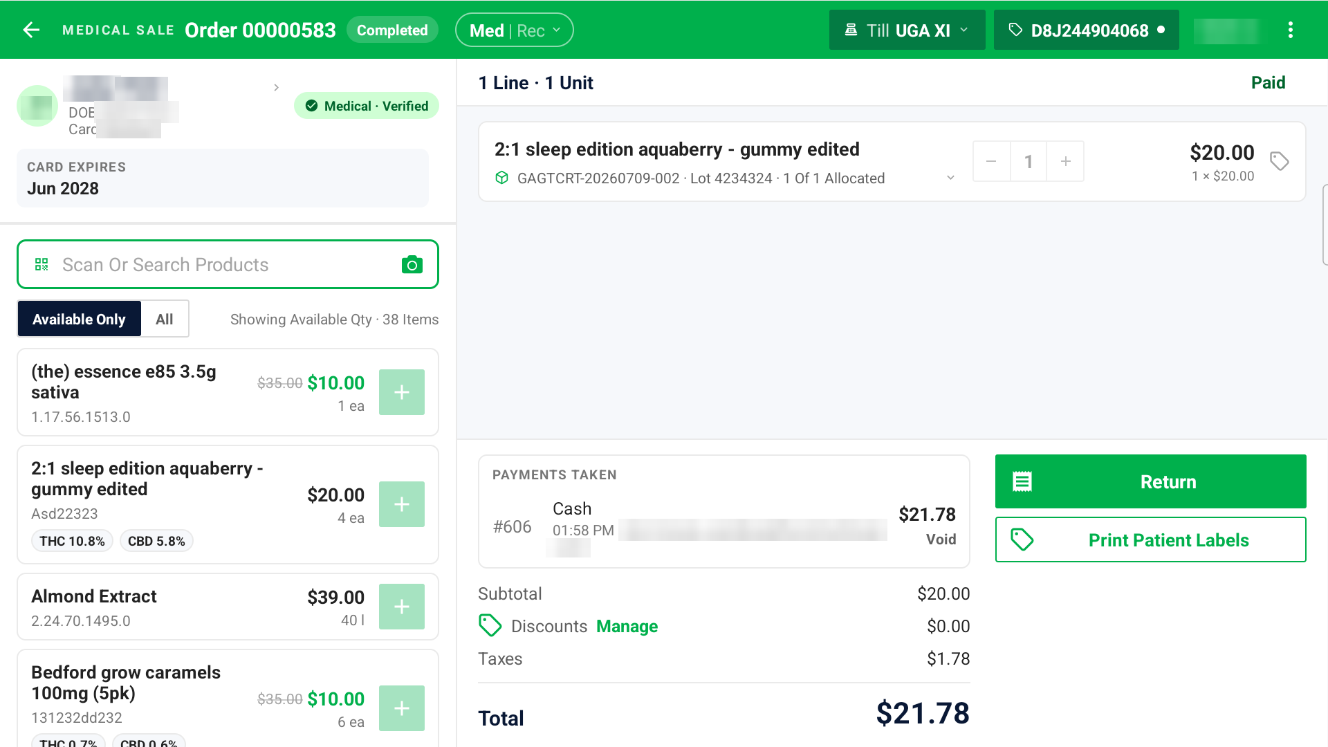 A completed sale in Mobile POS, showing Payments Taken with the Void action, and the Return and Print Patient Labels buttons