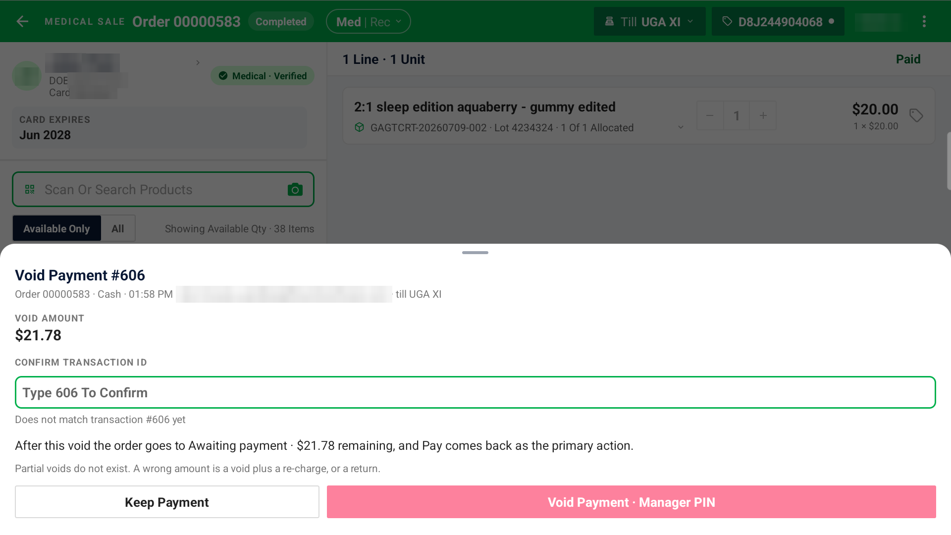 The Void Payment sheet, where the cashier retypes the transaction number before a manager approves the void