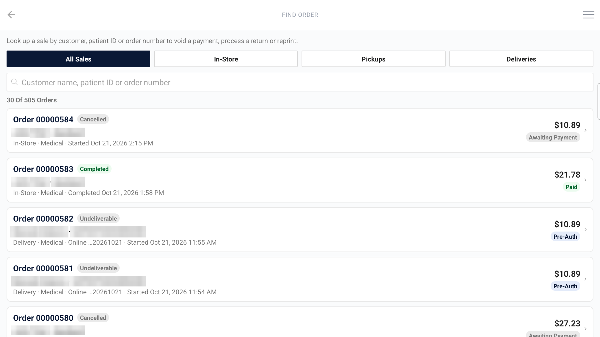 The Find Order screen, with filters for All Sales, In-Store, Pickups, and Deliveries