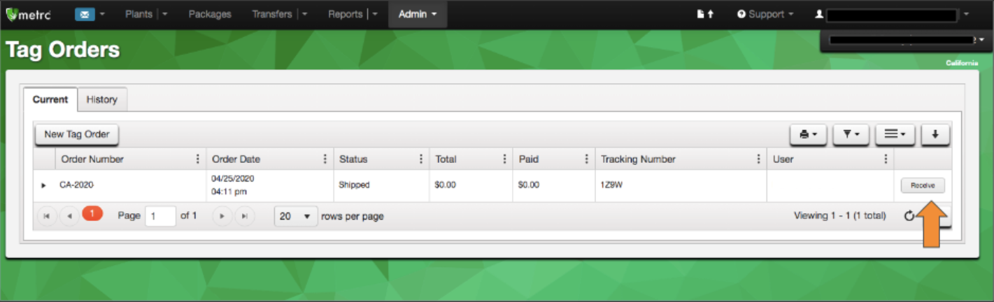 Receive Metrc Tag Orders