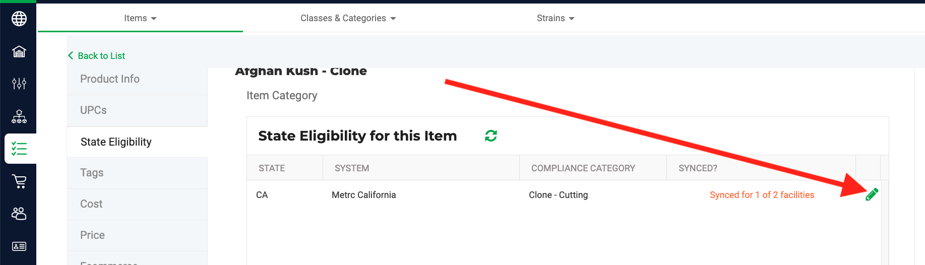 Click the Pencil Icon to open the Item Compliance modal
