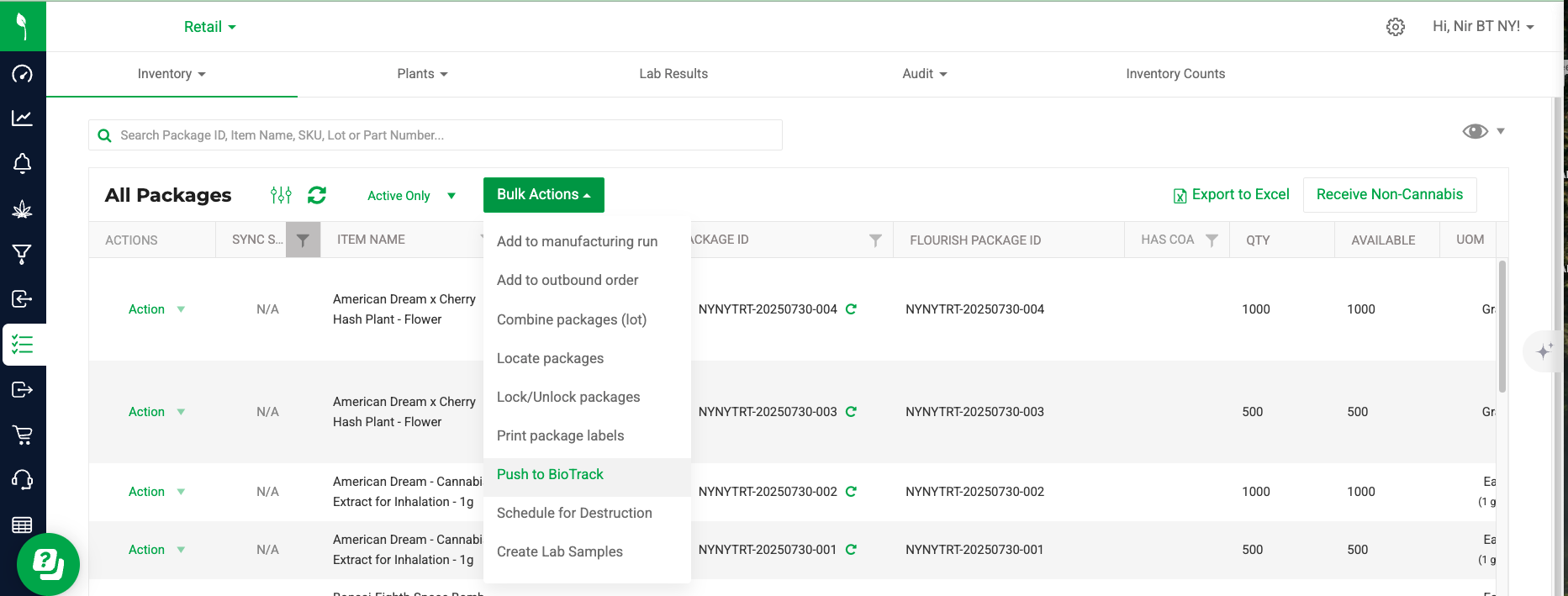 Bulk Action > Push to BioTrack 