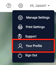 Screenshot of the user account dropdown menu in Flourish, opened by clicking the name in the upper right corner of the page, showing options including Manage Settings, Print…