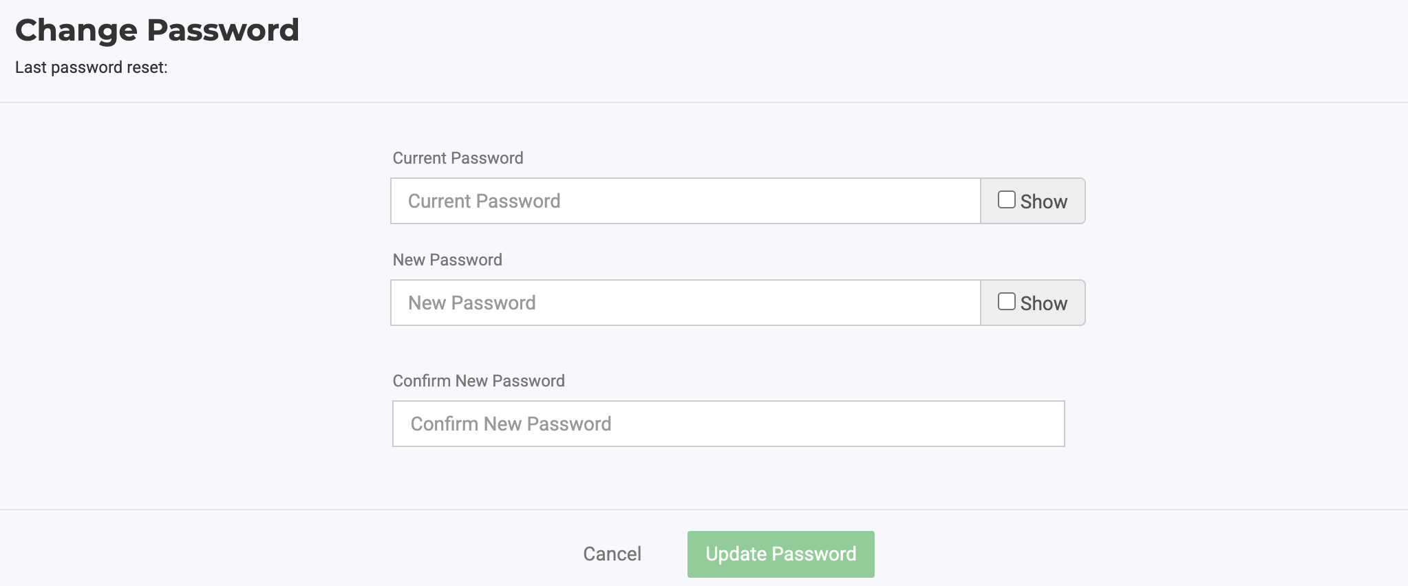 The Change Password screen in Flourish, showing fields for Current Password, New Password, and Confirm New Password (each with a "Show" checkbox to reveal the entered text), along…