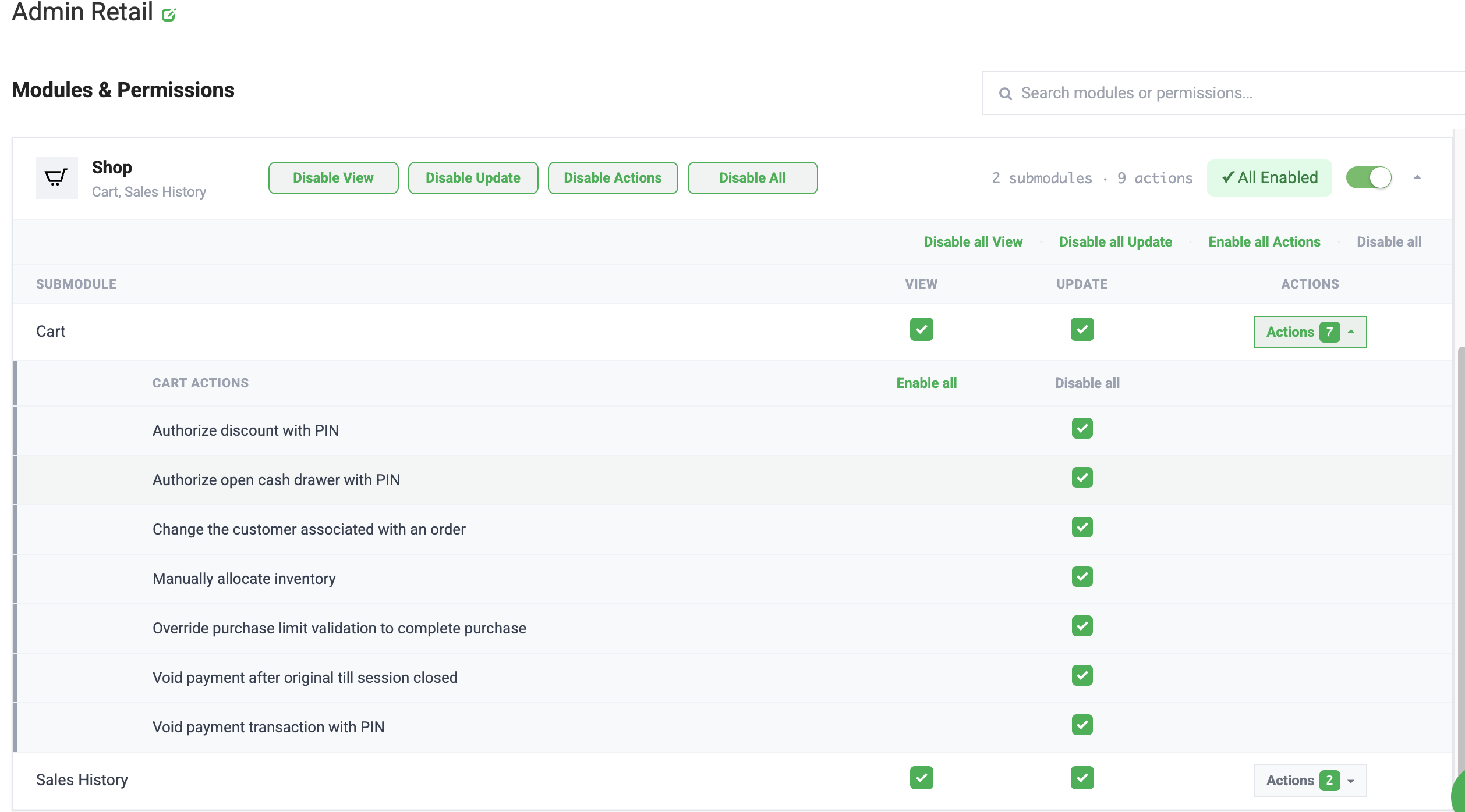 The screenshot shows the Admin Retail "Modules & Permissions" screen for the Shop module's Cart submodule, listing enabled Cart Actions such as "Void payment transaction with PIN"…