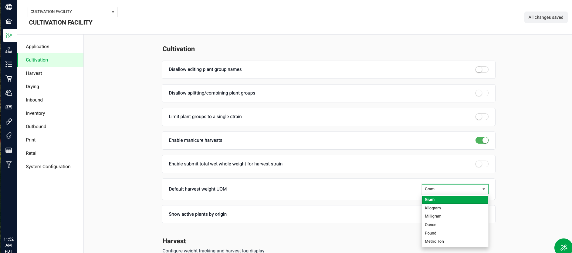 Select the Default harvest weight UOM from the dropdown