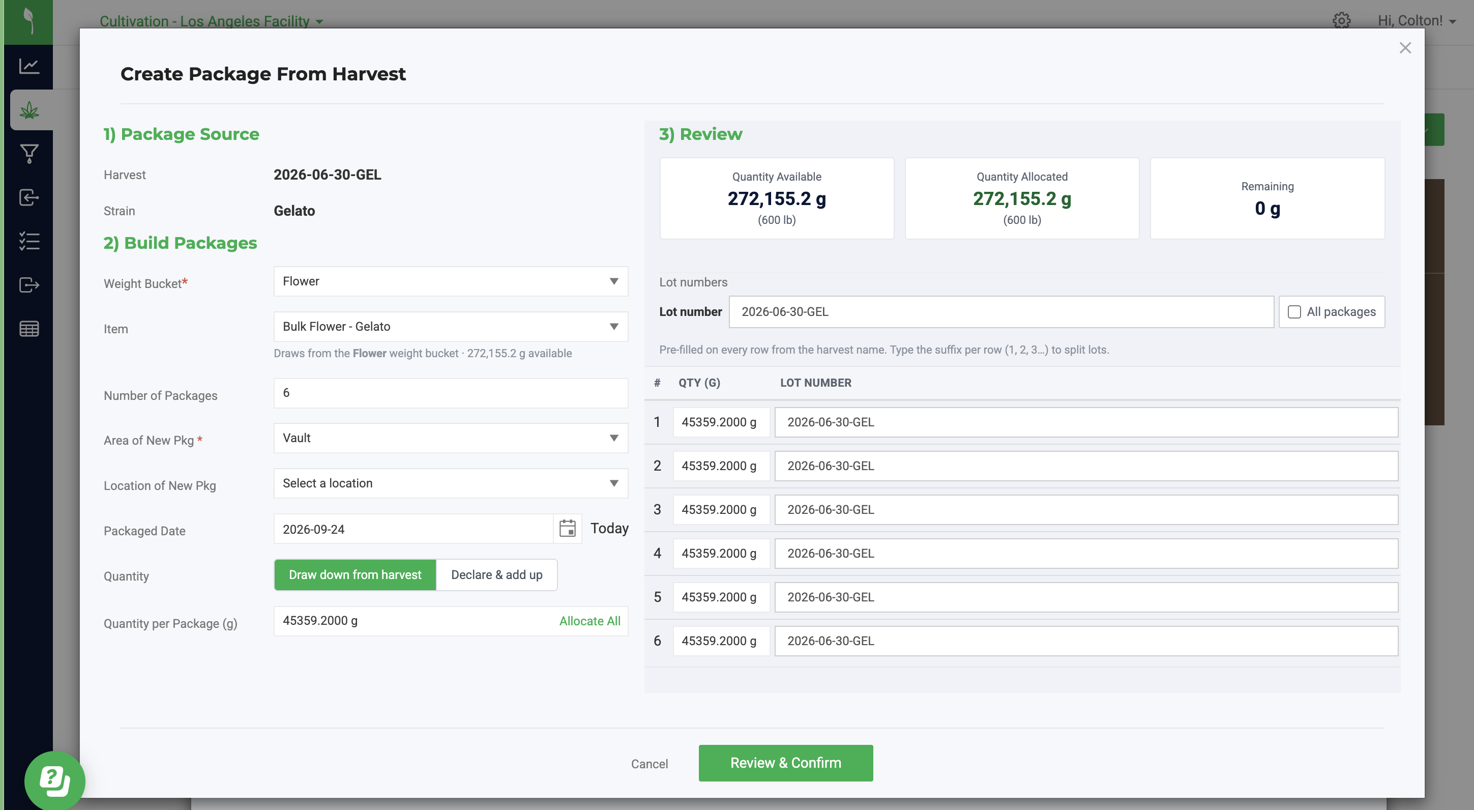 Create Package From Harvest modal interface in Flourish cultivation software.