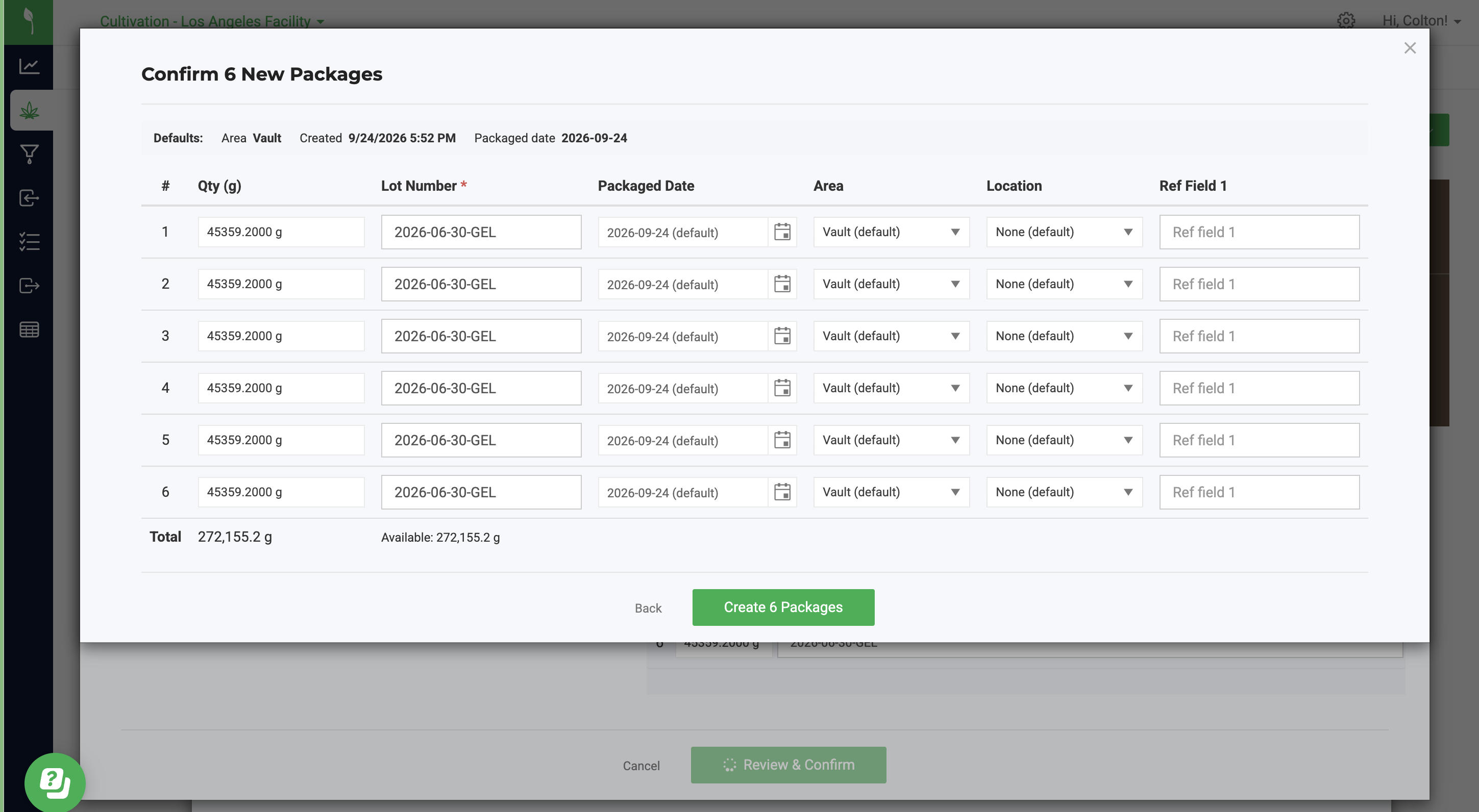 Confirm 6 New Packages pop-up modal in Flourish Software.