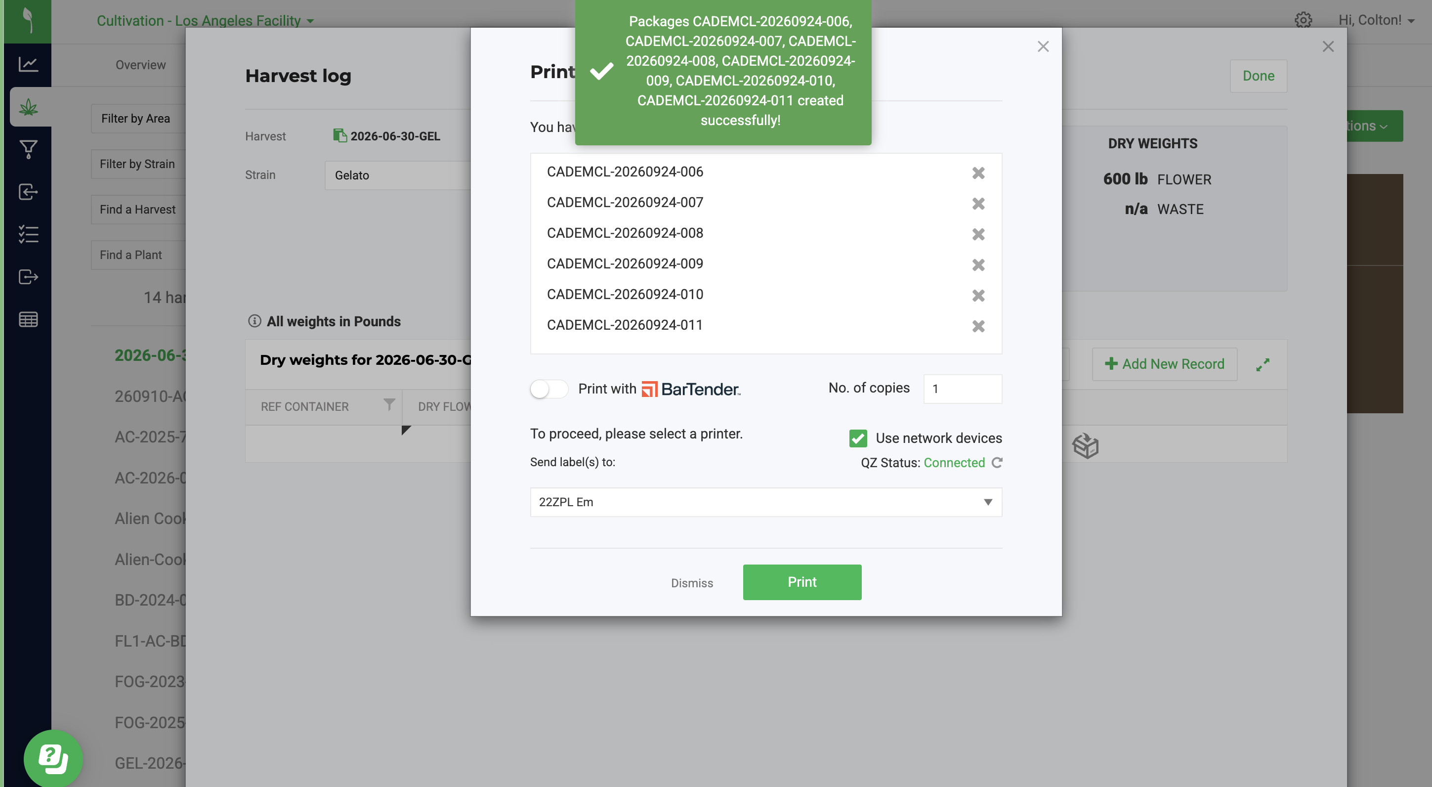Flourish Software modal for printing cannabis package labels after harvest logging.