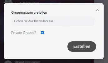 Geben Sie dann das Thema ein, das in dem Gruppenraum diskutiert werden soll, und legen Sie fest, ob es sich um eine private Gruppe oder einen öffentlichen Raum handeln soll. 