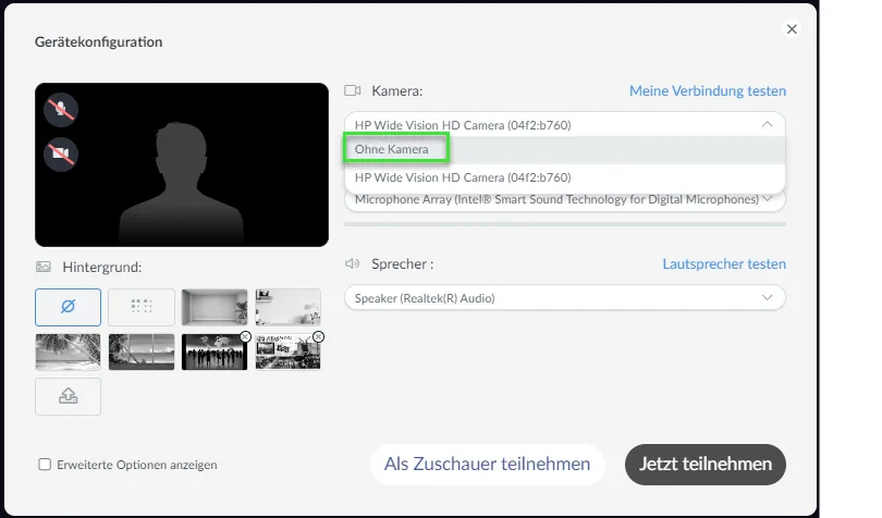 Wenn Sie dem Anruf beitreten, haben Sie die Möglichkeit, dem Anruf ohne Verwendung der Kamera beizutreten, indem Sie die Option Ohne Kamera auswählen, anstatt einfach auf das Kamerasymbol zu klicken und die Kamera zu schließen.