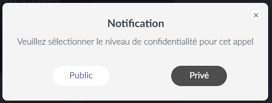 Capture d'écran montrant le pop-up qui permet de choisir s'il s'agit d'une réunion publique ou privée.