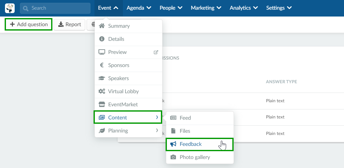 Screenshot of how to create event feedback