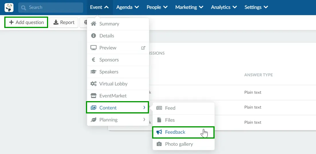 Screenshot of how to create event feedback