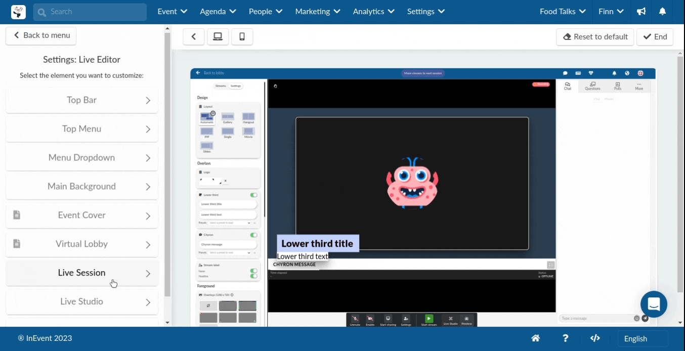 GIF showing the Live Studio section of the Virtual Lobby Editor