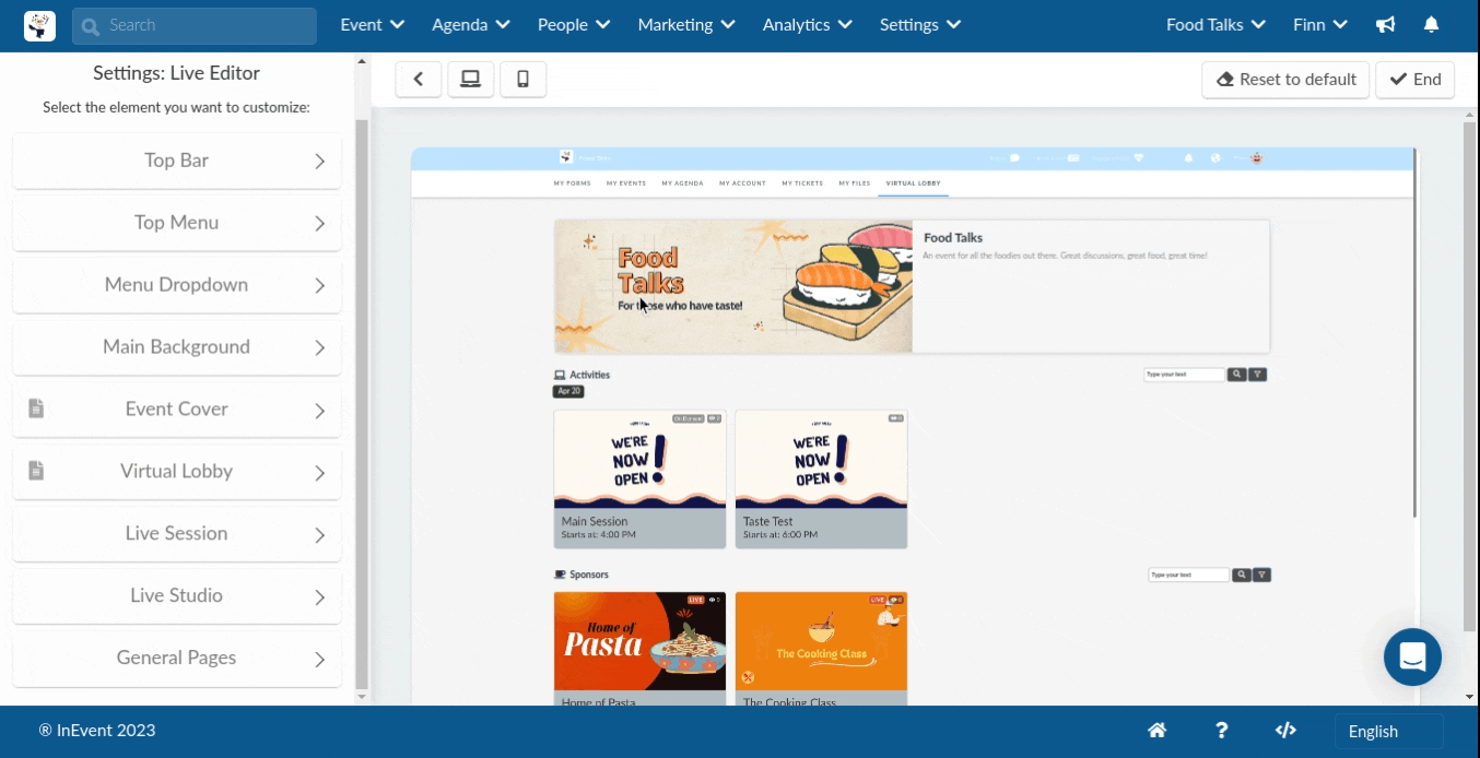 GIF showing the Top Menu section of the Virtual Lobby Editor
