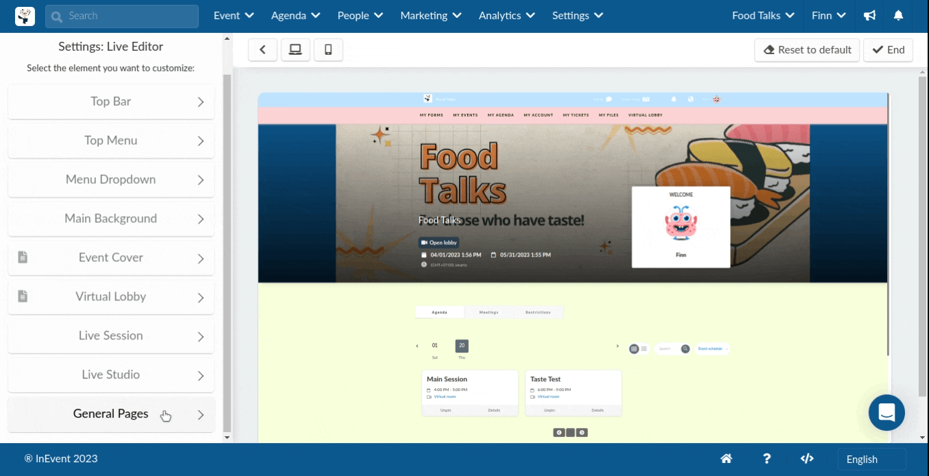 GIF showing the General Pages section of the Virtual Lobby Editor