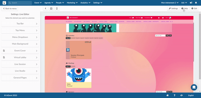 GIF showing the Event Cover section of the Virtual Lobby Editor