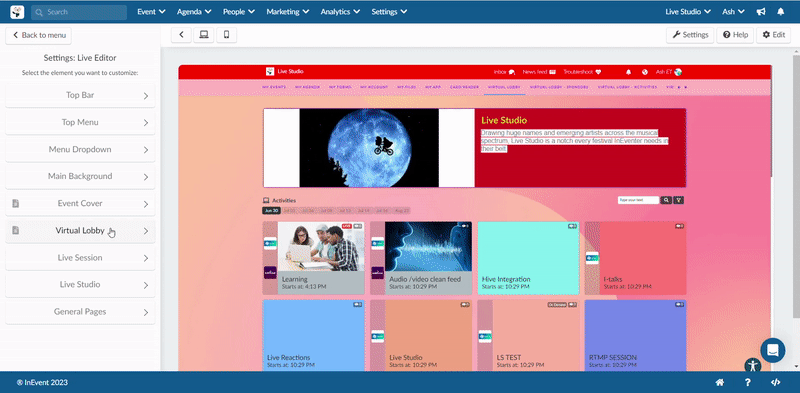 GIF showing the Virtual Lobby section of the VIrtual Lobby Editor