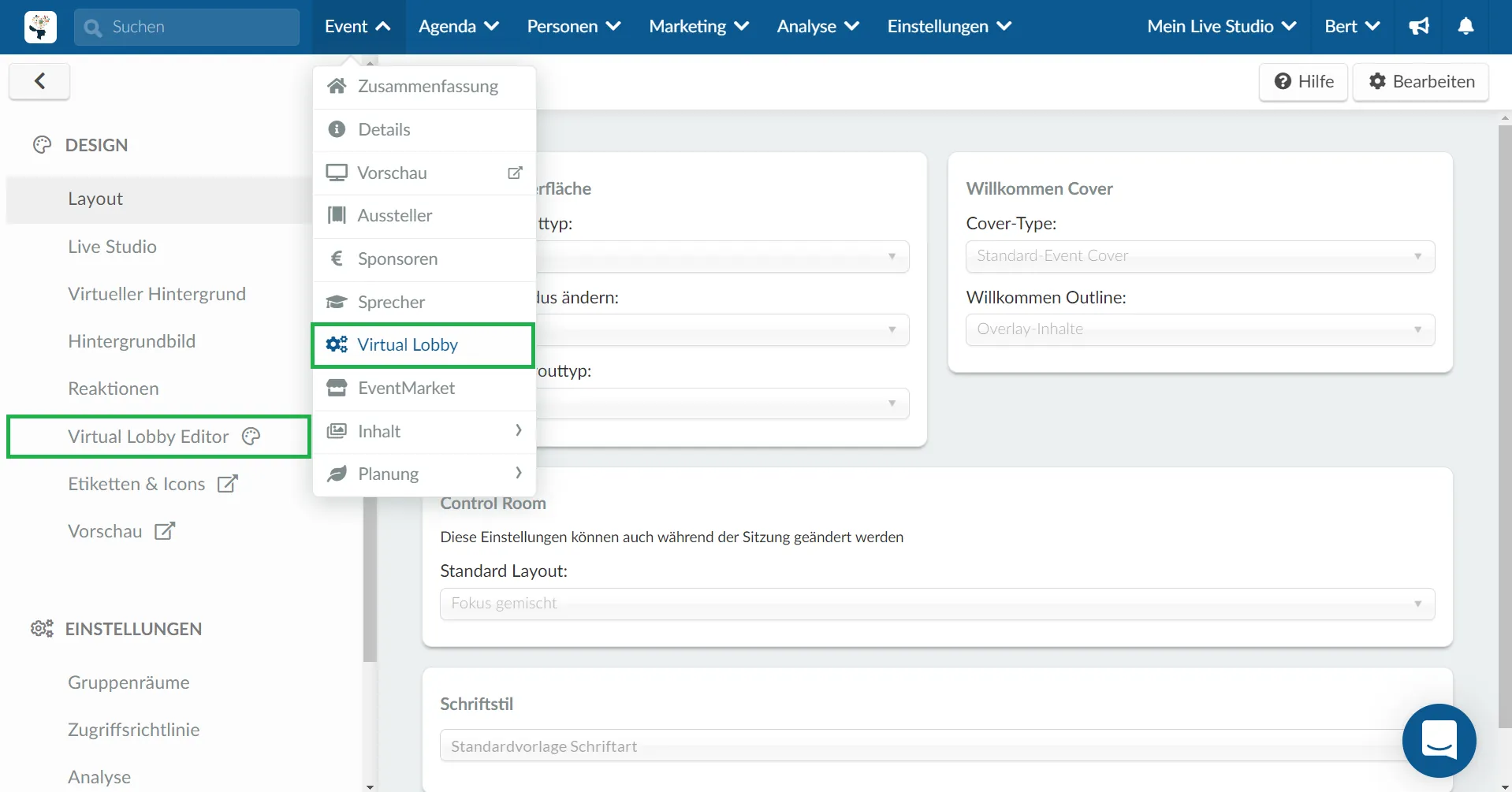 Um den Virtual Lobby Editor zu finden, gehen Sie zu Event > Virtual Lobby. Sie finden den Virtual Lobby Editor im linken Bereich der Seite.