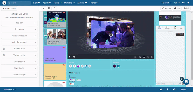GIF showing the Live Session section of the Virtual Lobby Editor