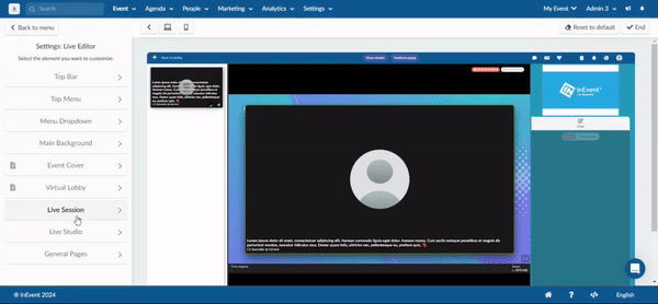 GIF showing the Live Studio section of the Virtual Lobby Editor