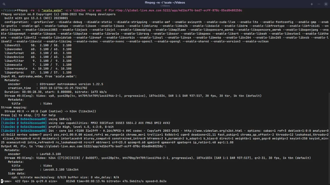 Screenshot of the command-line interface with FFmpeg streaming a media file over RTMP.