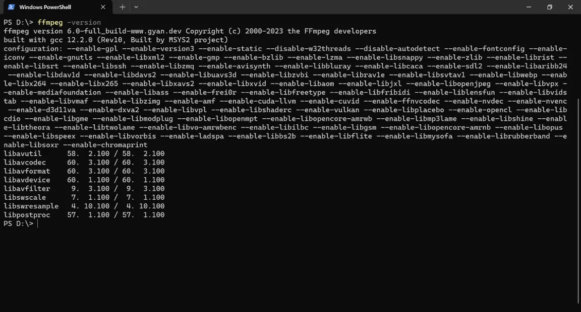 Screenshot showing FFmpeg on the command-line interface on Windows.